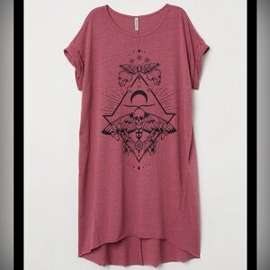 Women's Graphic T-Shirt dress in dark pink: Skulls, moths, and teeth